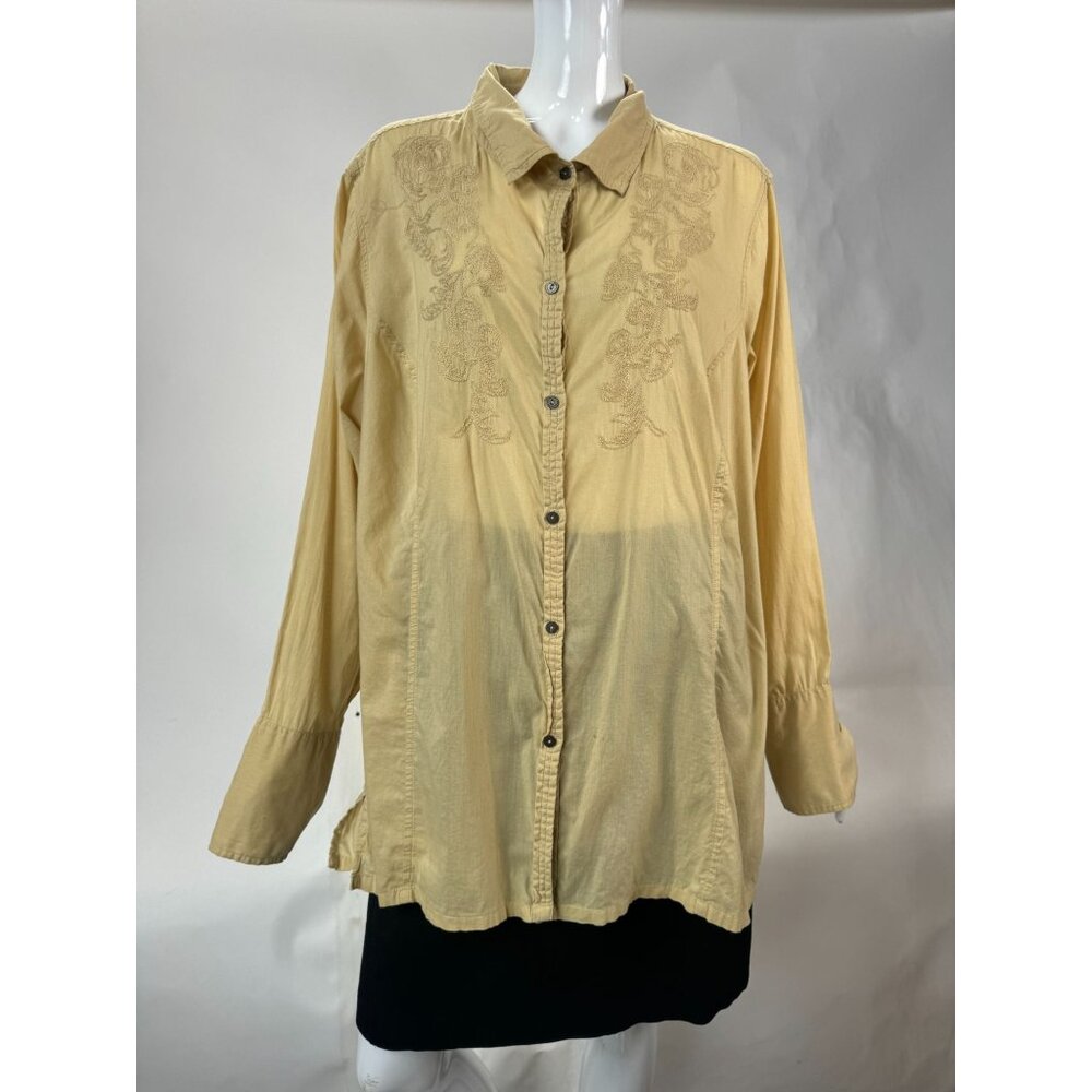 Calvin Klein Jeans Womens Beige Embroidered Button-Up Long Sleeve Shirt 2X